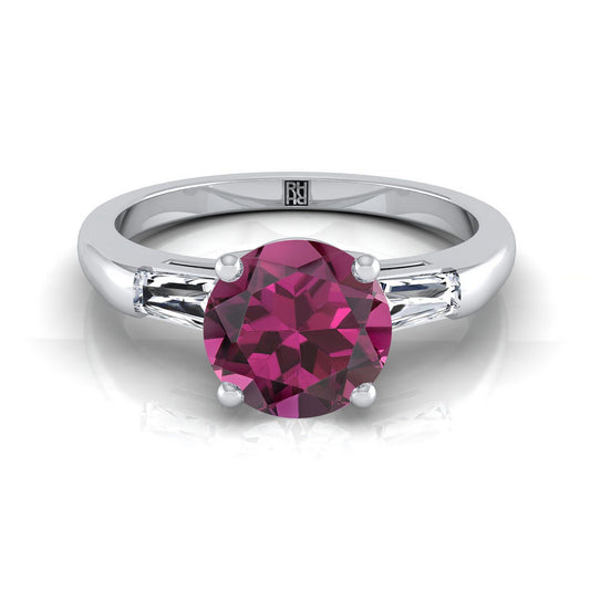 14K White Gold Round Brilliant Garnet Three Stone Tapered Baguette Engagement Ring -1/5ctw