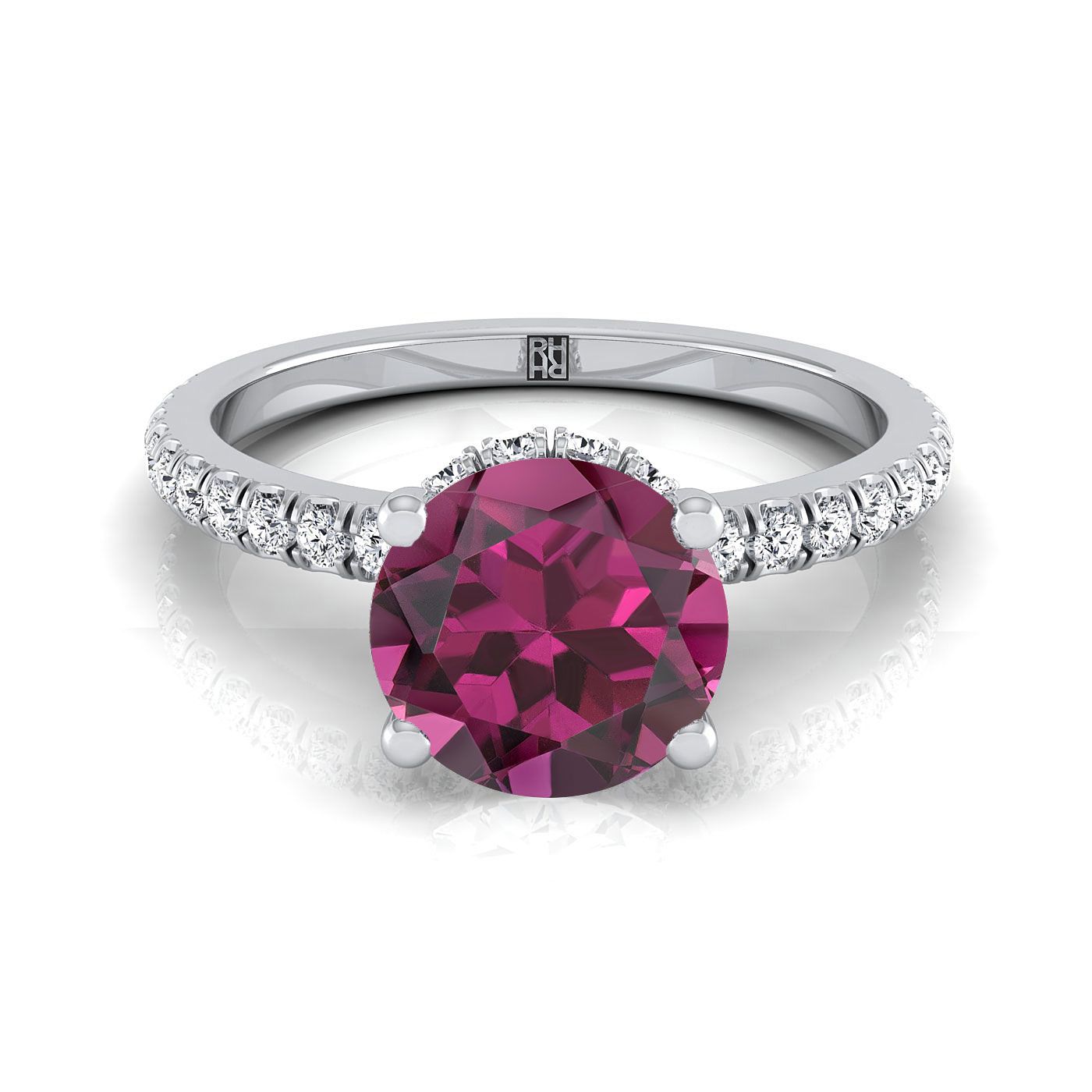 14K White Gold Round Brilliant Garnet Secret Diamond Halo French Pave Solitaire Engagement Ring -1/3ctw