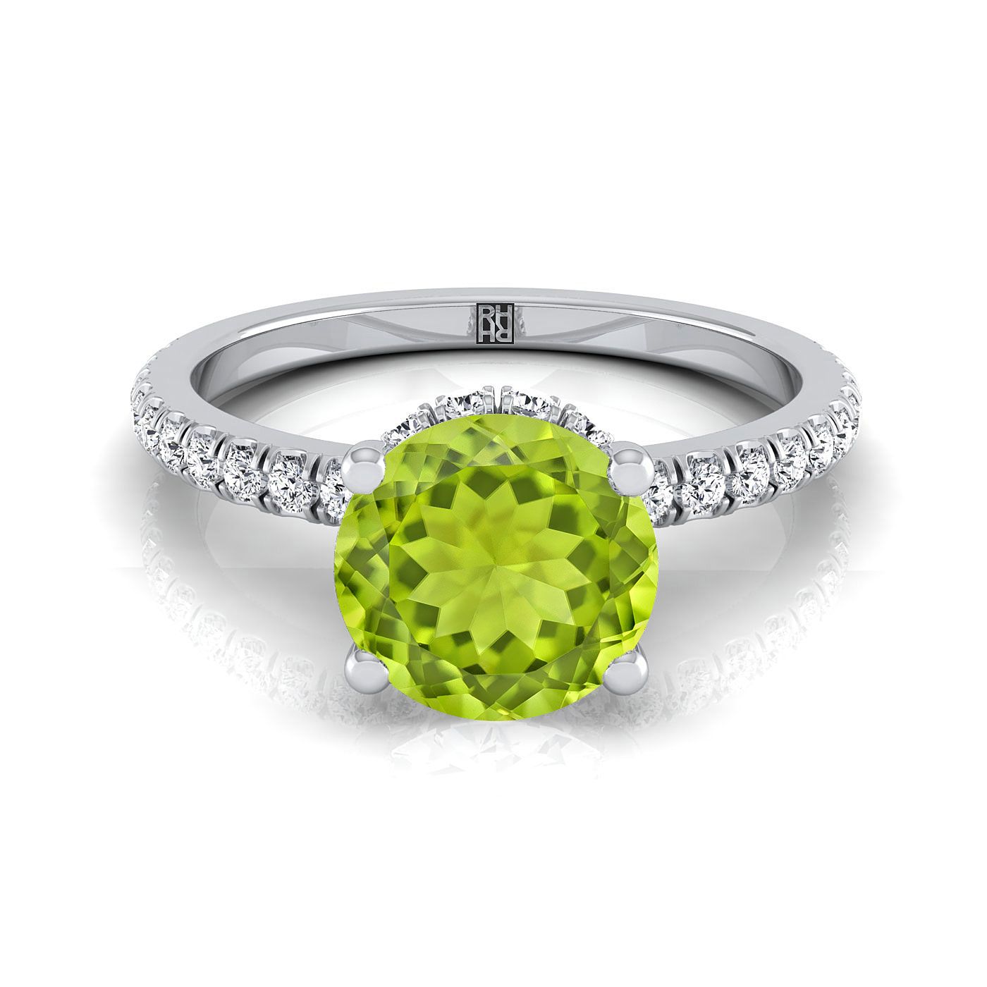 14K White Gold Round Brilliant Peridot Secret Diamond Halo French Pave Solitaire Engagement Ring -1/3ctw
