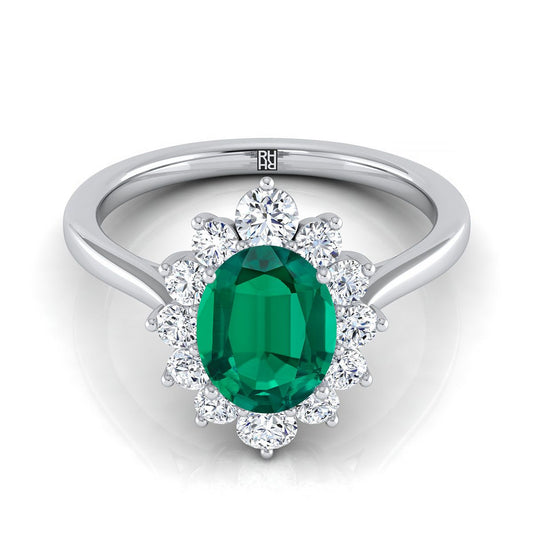 Platinum Oval Emerald Floral Diamond Halo Engagement Ring -1/2ctw