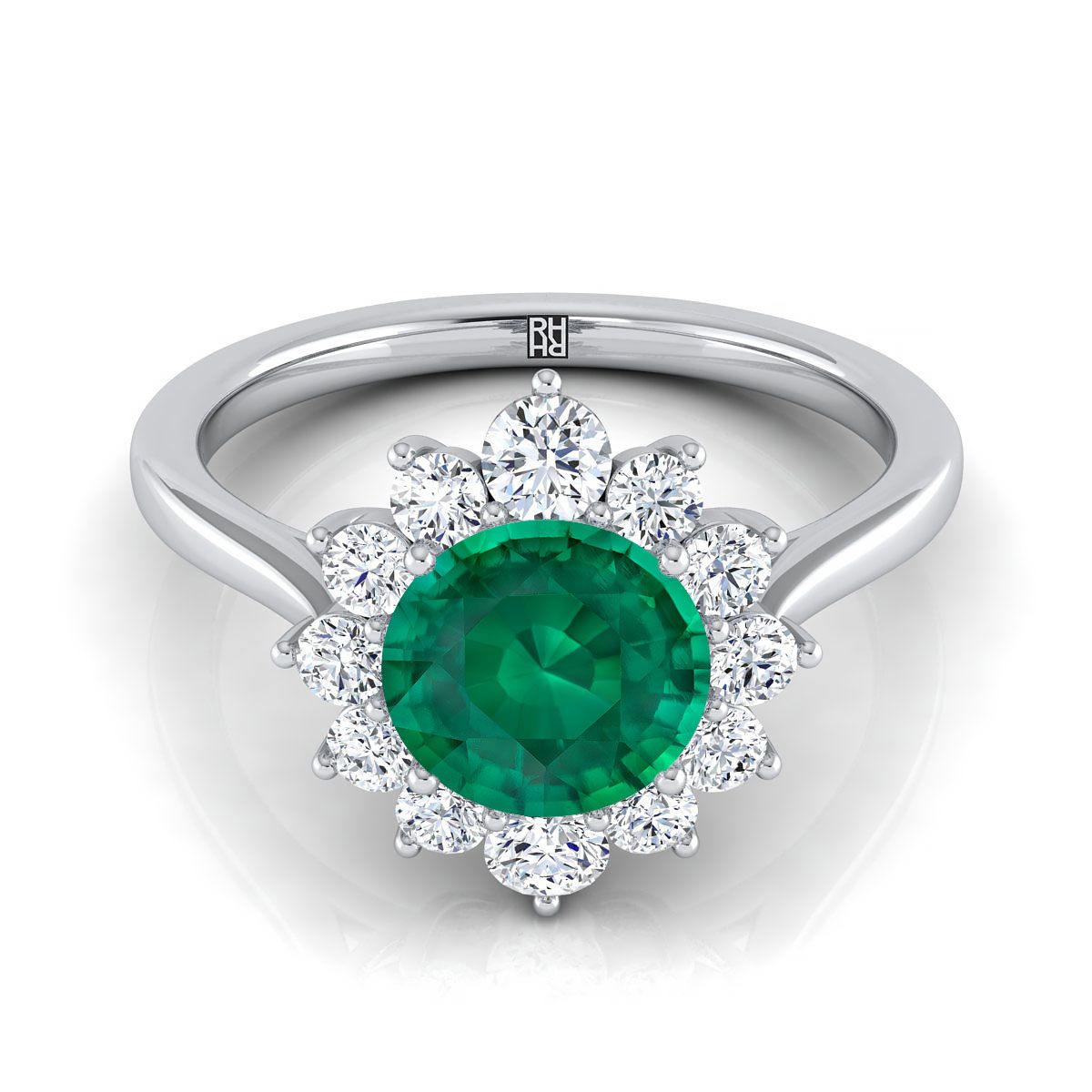 18K White Gold Round Brilliant Emerald Floral Diamond Halo Engagement Ring -1/2ctw