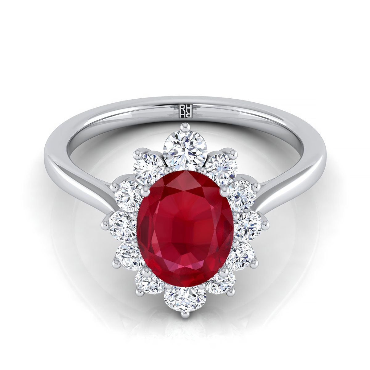 Platinum Oval Ruby Floral Diamond Halo Engagement Ring -1/2ctw
