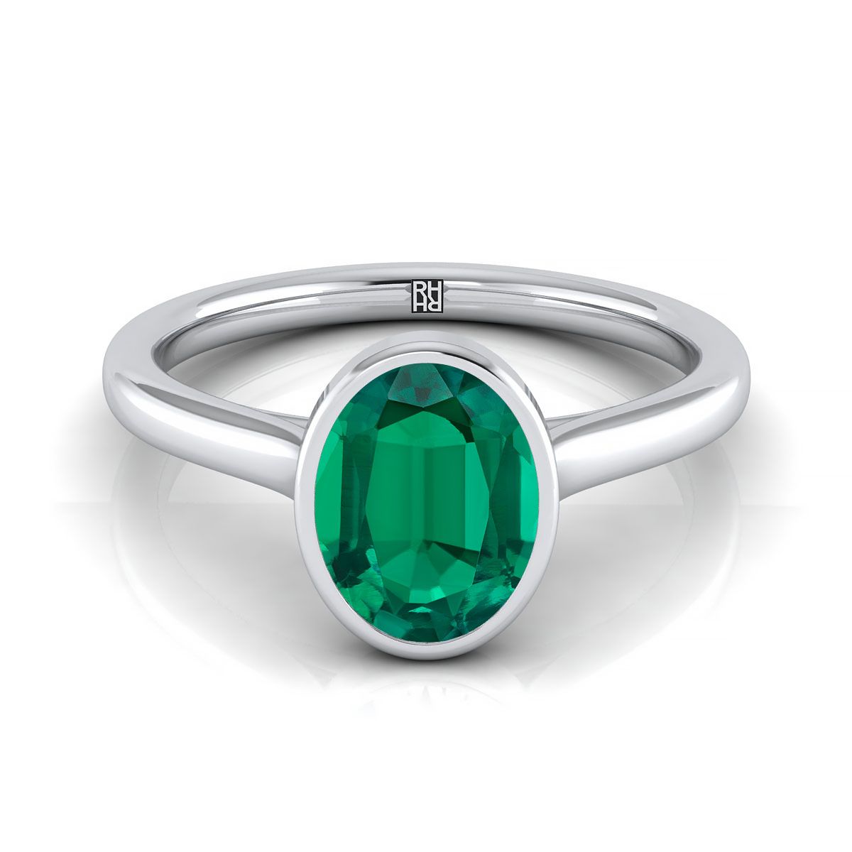 14K White Gold Oval Emerald Simple Bezel Solitaire Engagement Ring