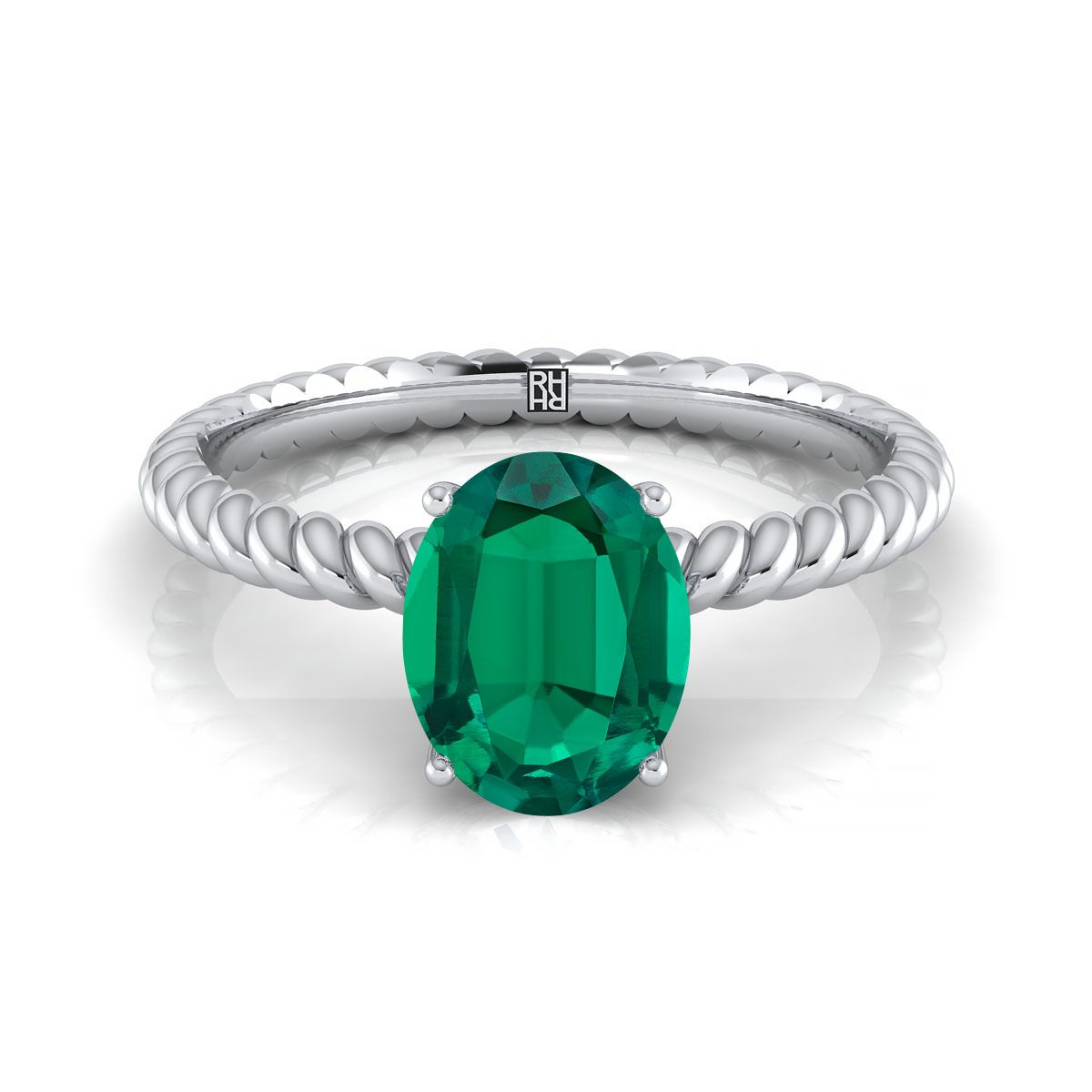 Platinum Oval Emerald Twisted Rope Solitaire With Surprize Diamond Engagement Ring