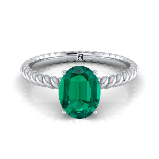 18K White Gold Oval Emerald Twisted Rope Solitaire With Surprize Diamond Engagement Ring