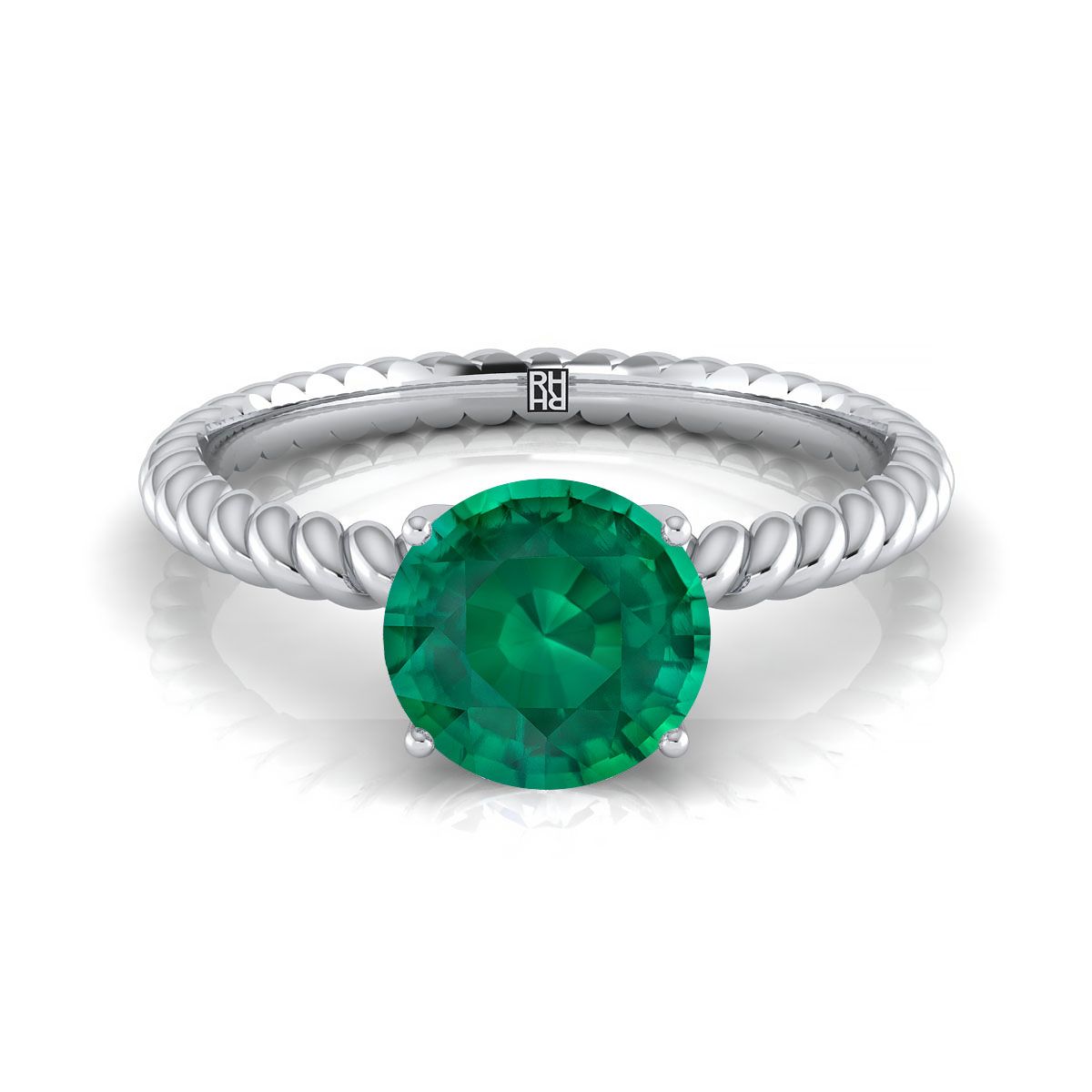 Platinum Round Brilliant Emerald Twisted Rope Solitaire With Surprize Diamond Engagement Ring