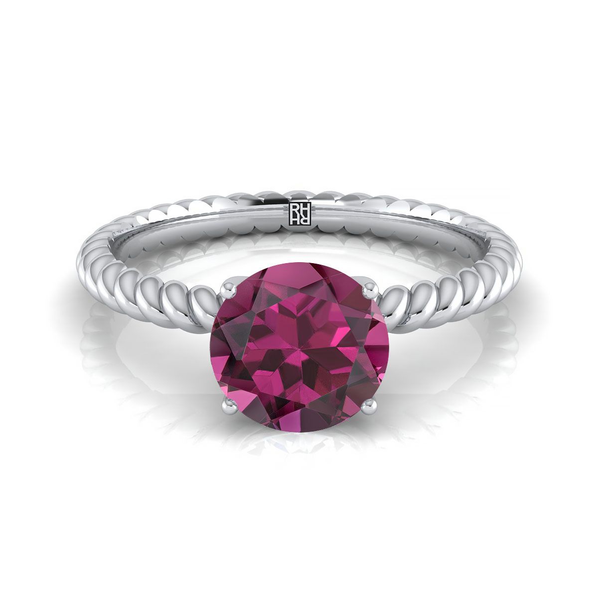 14K White Gold Round Brilliant Garnet Twisted Rope Solitaire With Surprize Diamond Engagement Ring