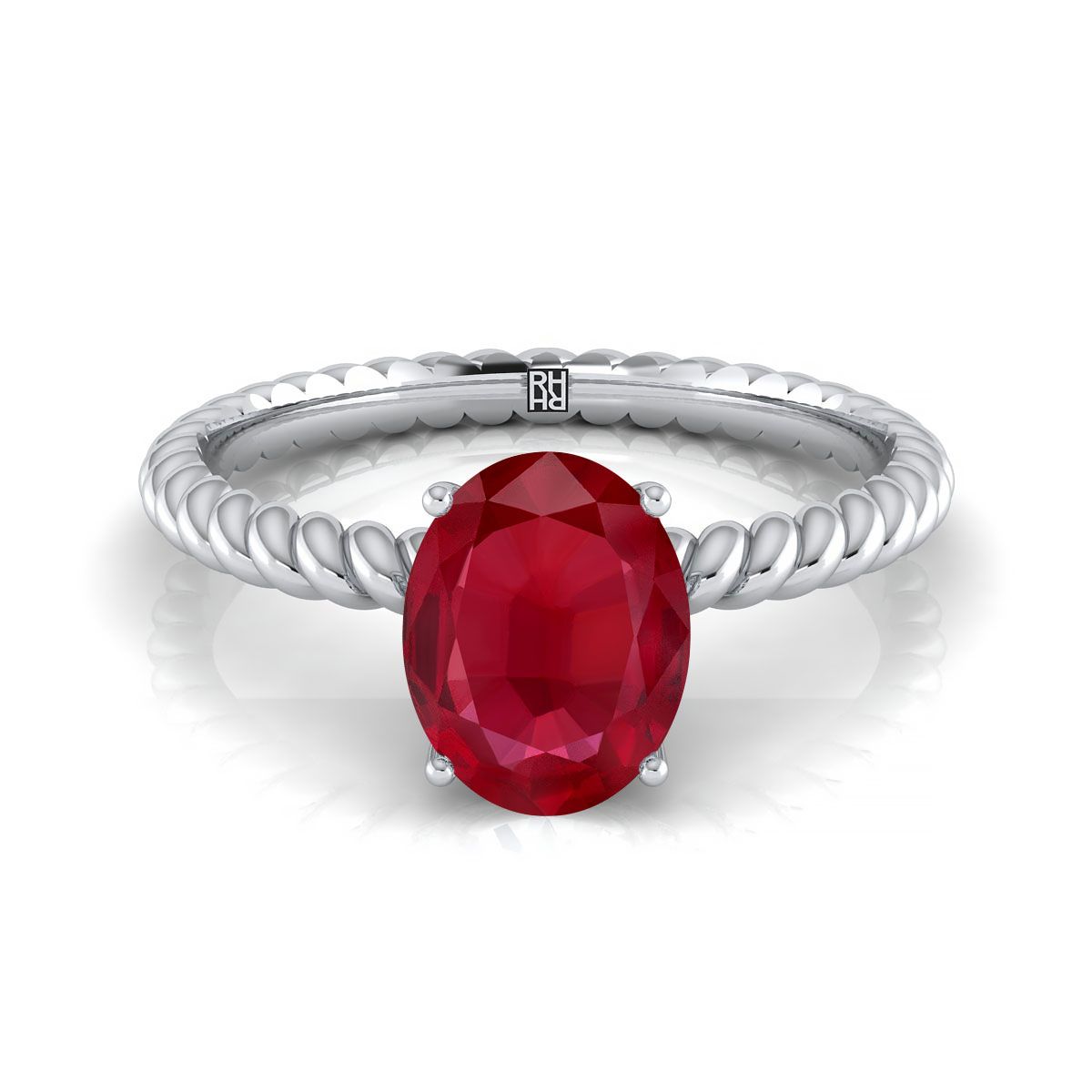 18K White Gold Oval Ruby Twisted Rope Solitaire With Surprize Diamond Engagement Ring