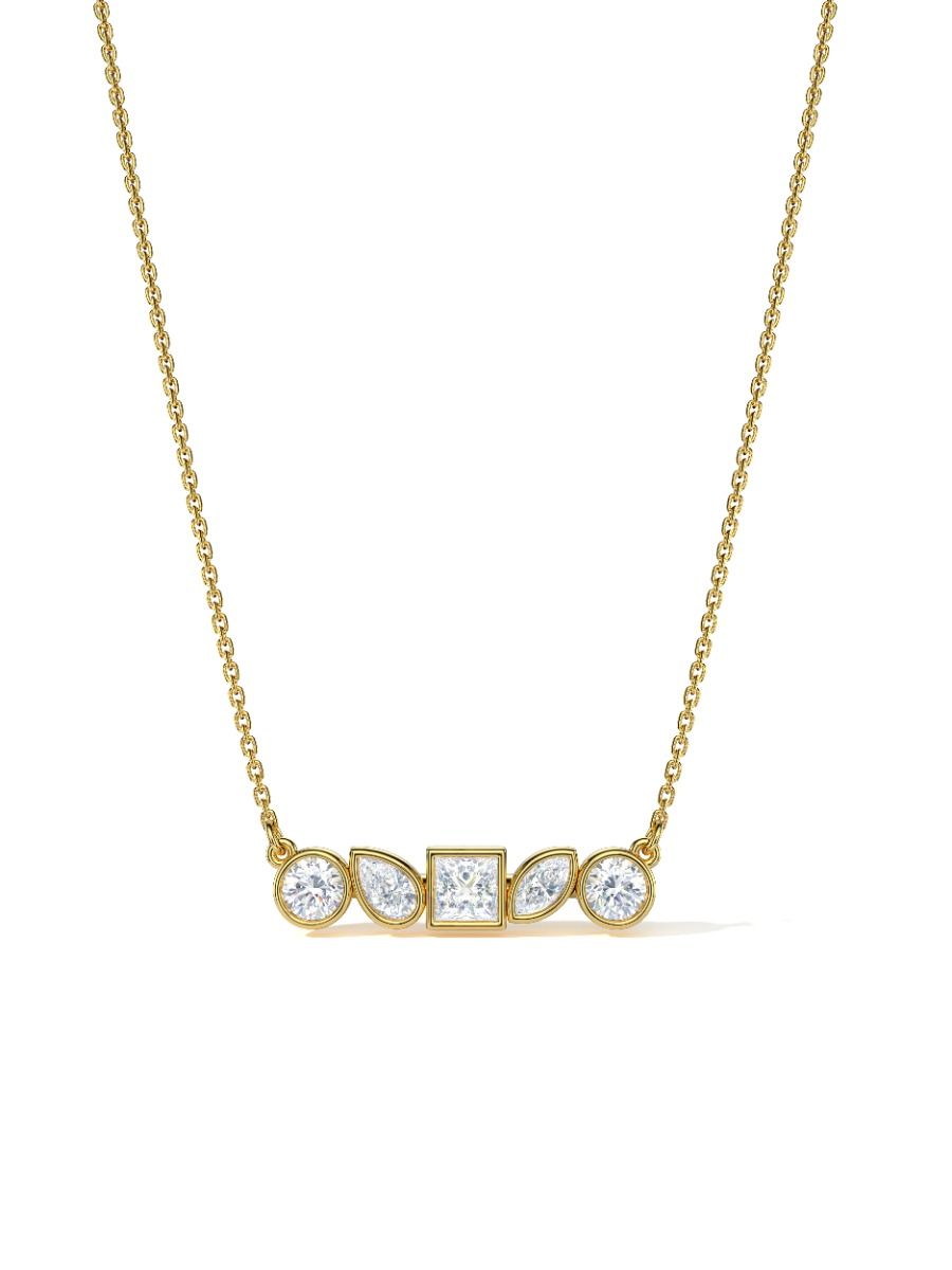 สร้อยคอจี้แบบเส้นประดับห้าก้อนคิวบิกเซอร์โคเนียสีขาวหรูหราฝังแบบขอบ จากเงินสเตอร์ลิง .925 ชุบทองเหลือง 14K ROCKHER พร้อมสาย 18