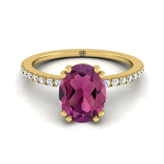 18K Yellow Gold Oval Garnet Simple French Pave Double Claw Prong Diamond Engagement Ring -1/6ctw