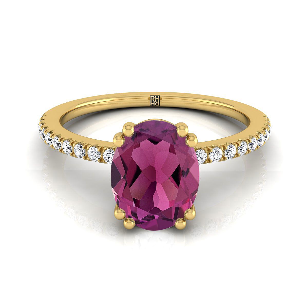 แหวนหมั้นเพชรแบบหนีบคู่ฝรั่งเศสเรียบง่ายประดับการ์เนตรูปไข่ทองคำเหลือง 14K - 1/6ctw