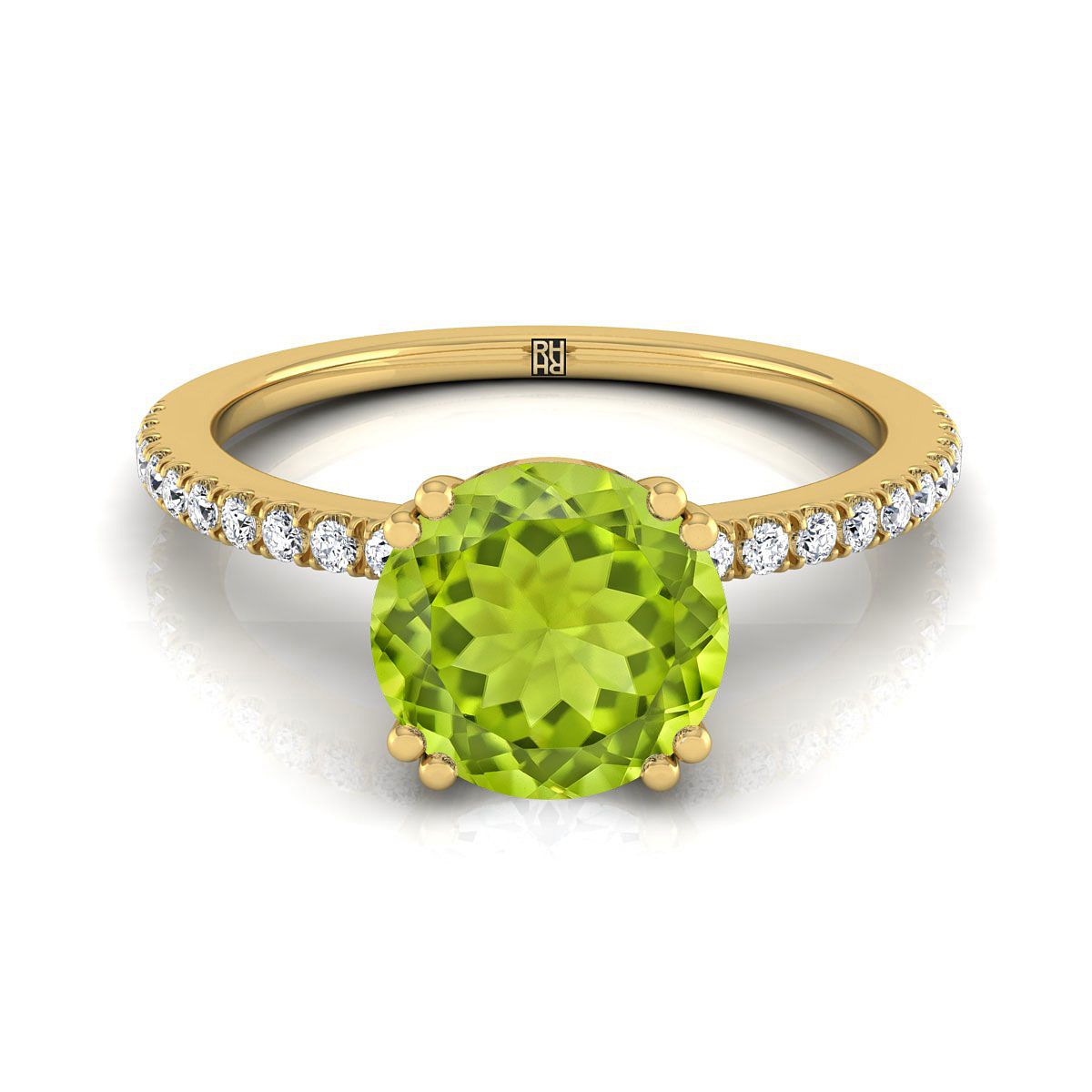 14K Yellow Gold Round Brilliant Peridot Simple French Pave Double Claw Prong Diamond Engagement Ring -1/6ctw