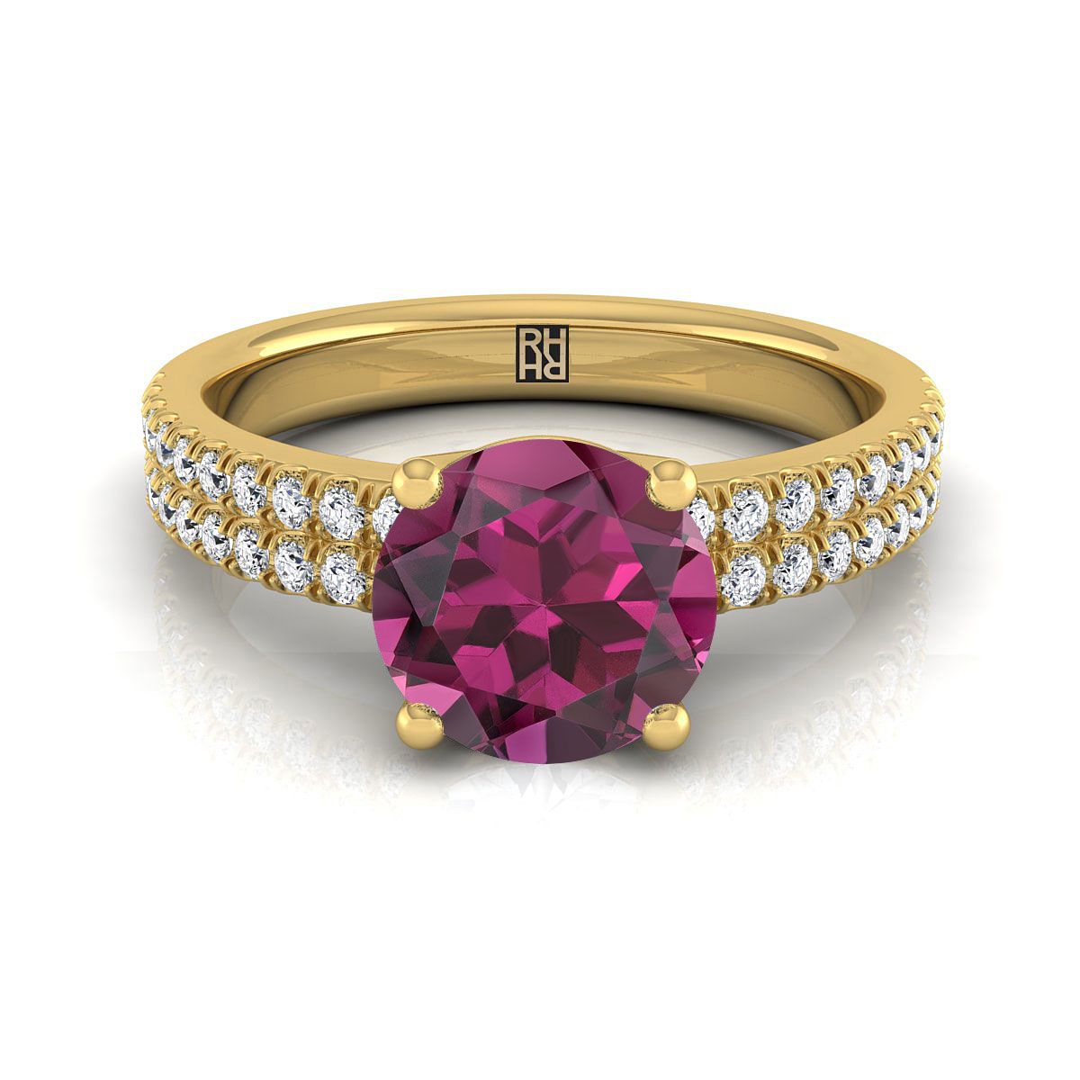 14K Yellow Gold Round Brilliant Garnet Double Pave Diamond Row Engagement Ring -1/4ctw