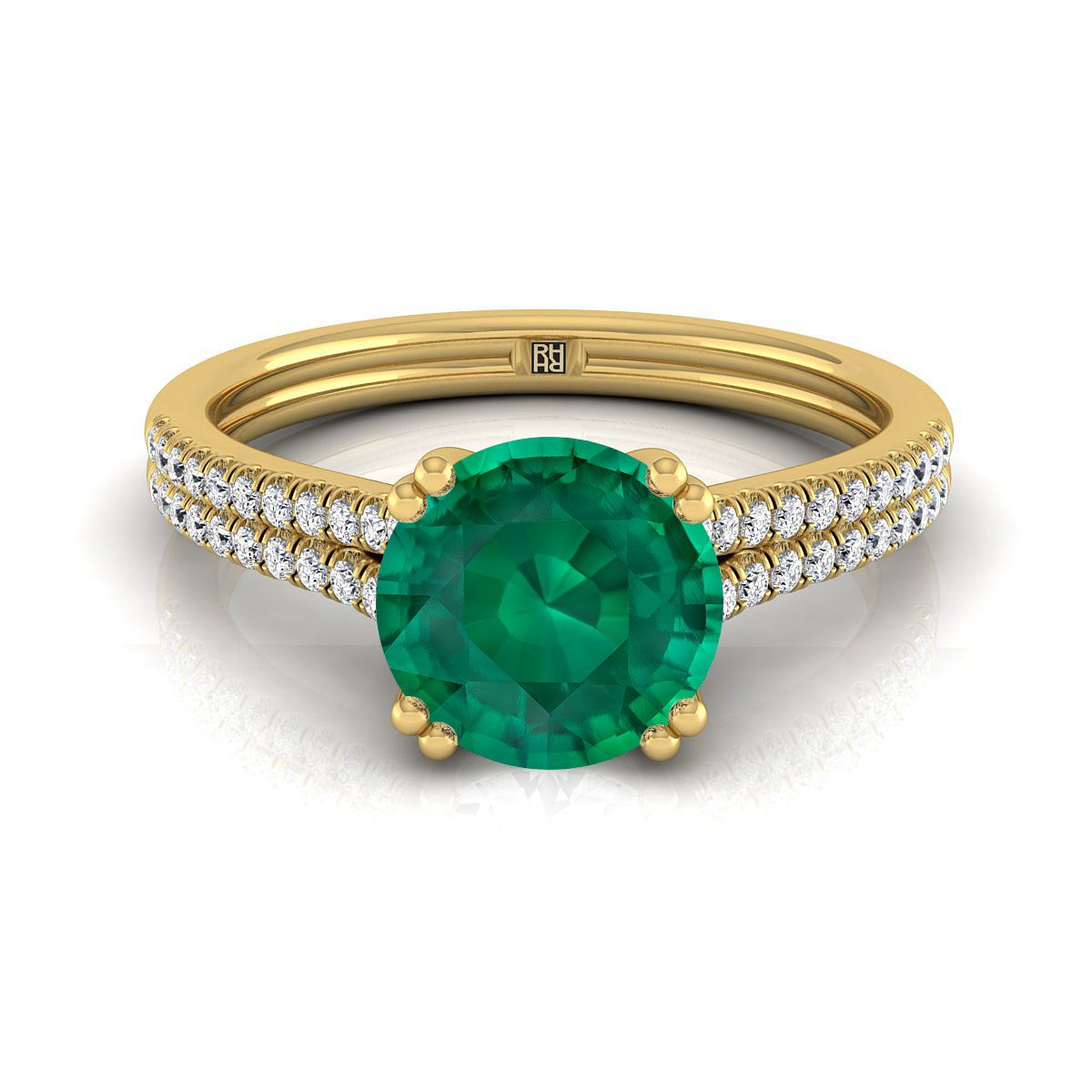 14K Yellow Gold Round Brilliant Emerald Double Row Double Prong French Pave Diamond Engagement Ring -1/6ctw