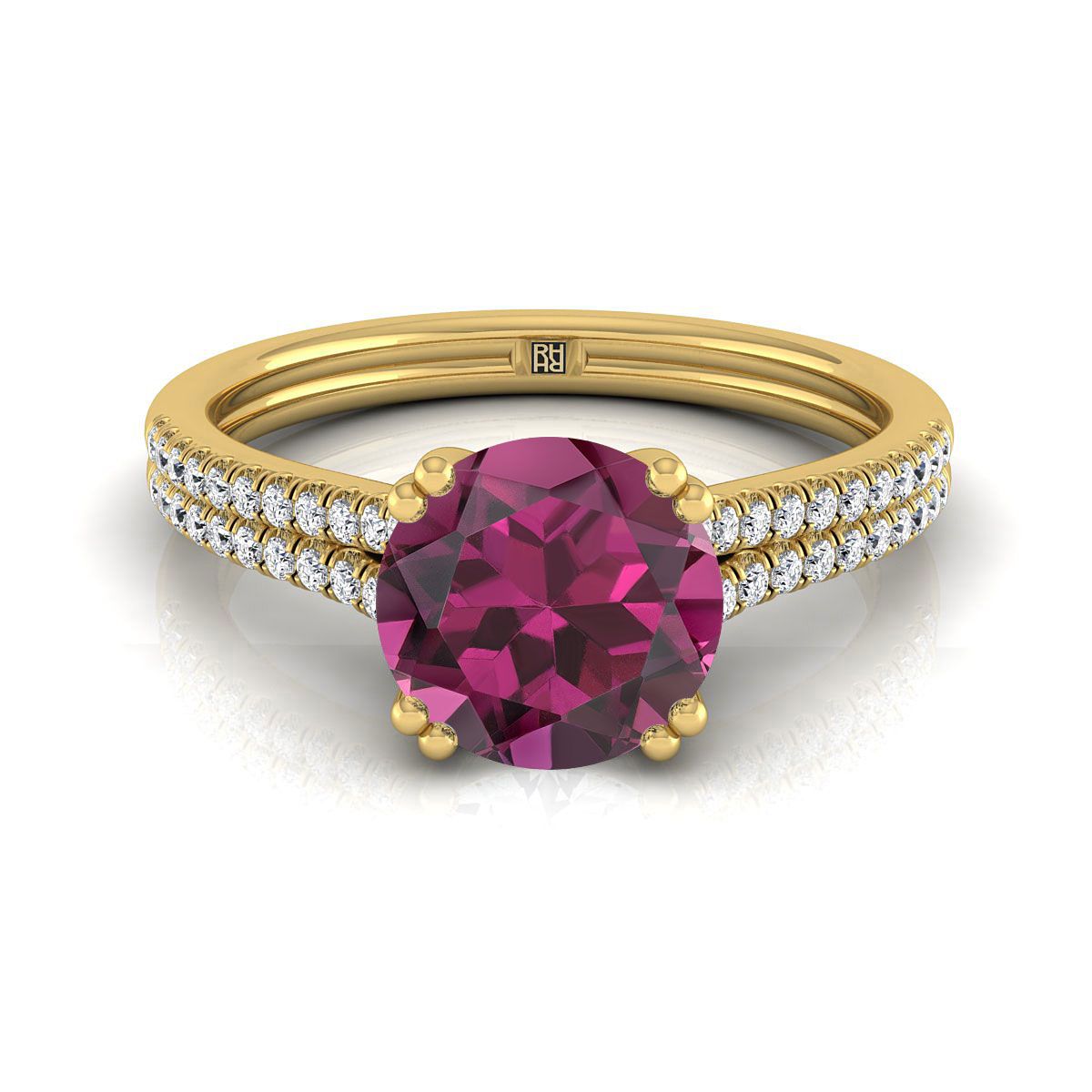 18K Yellow Gold Round Brilliant Garnet Double Row Double Prong French Pave Diamond Engagement Ring -1/6ctw