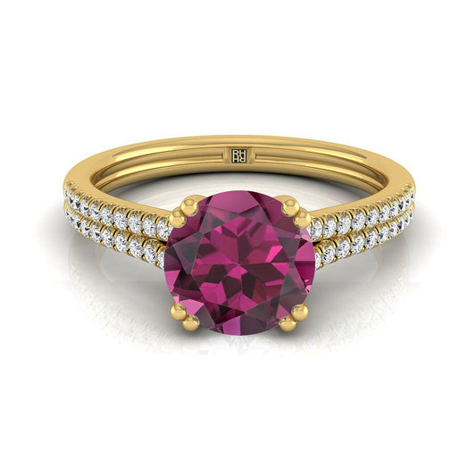 18K Yellow Gold Round Brilliant Garnet Double Row Double Prong French Pave Diamond Engagement Ring -1/6ctw