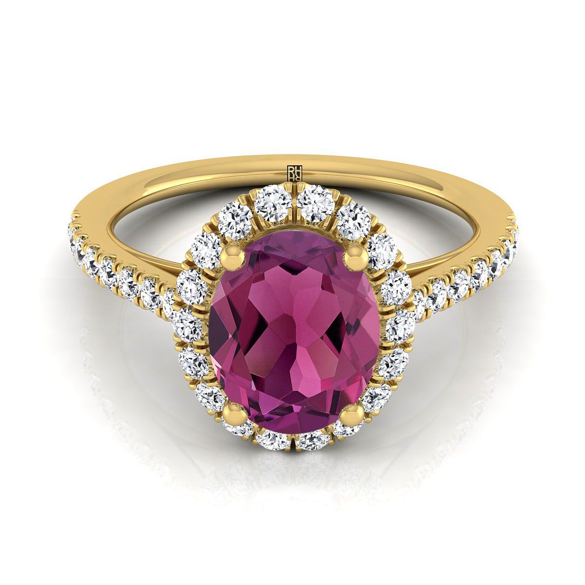 แหวนหมั้นเพชรฝรั่งเศสแบบพาเว่รูปวงรีประดับการ์เนตขนาดเล็ก 18K ทองเหลือง - 3/8ctw