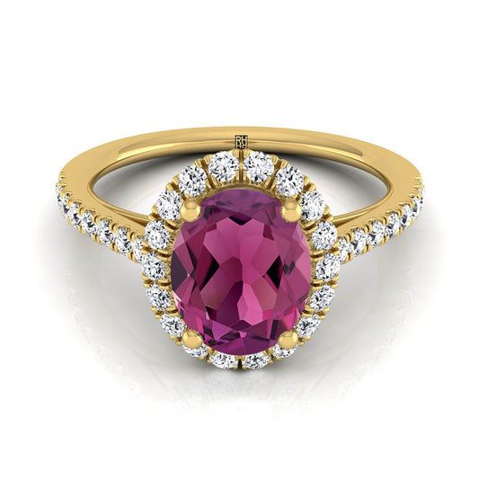 18K Yellow Gold Oval Garnet Petite Halo French Diamond Pave Engagement Ring -3/8ctw