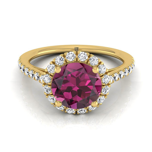 18K Yellow Gold Round Brilliant Garnet Petite Halo French Diamond Pave Engagement Ring -3/8ctw
