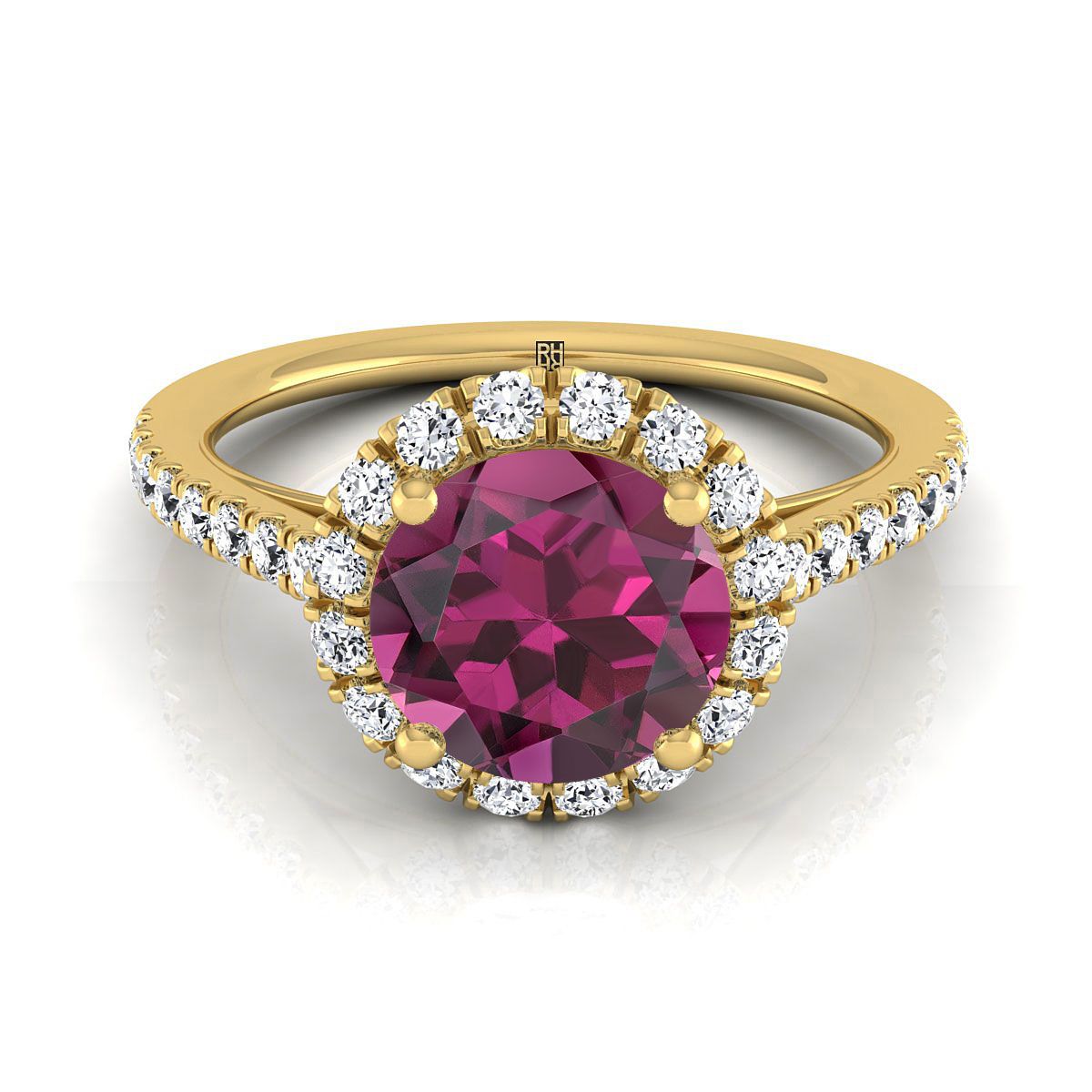 14K Yellow Gold Round Brilliant Garnet Petite Halo French Diamond Pave Engagement Ring -3/8ctw