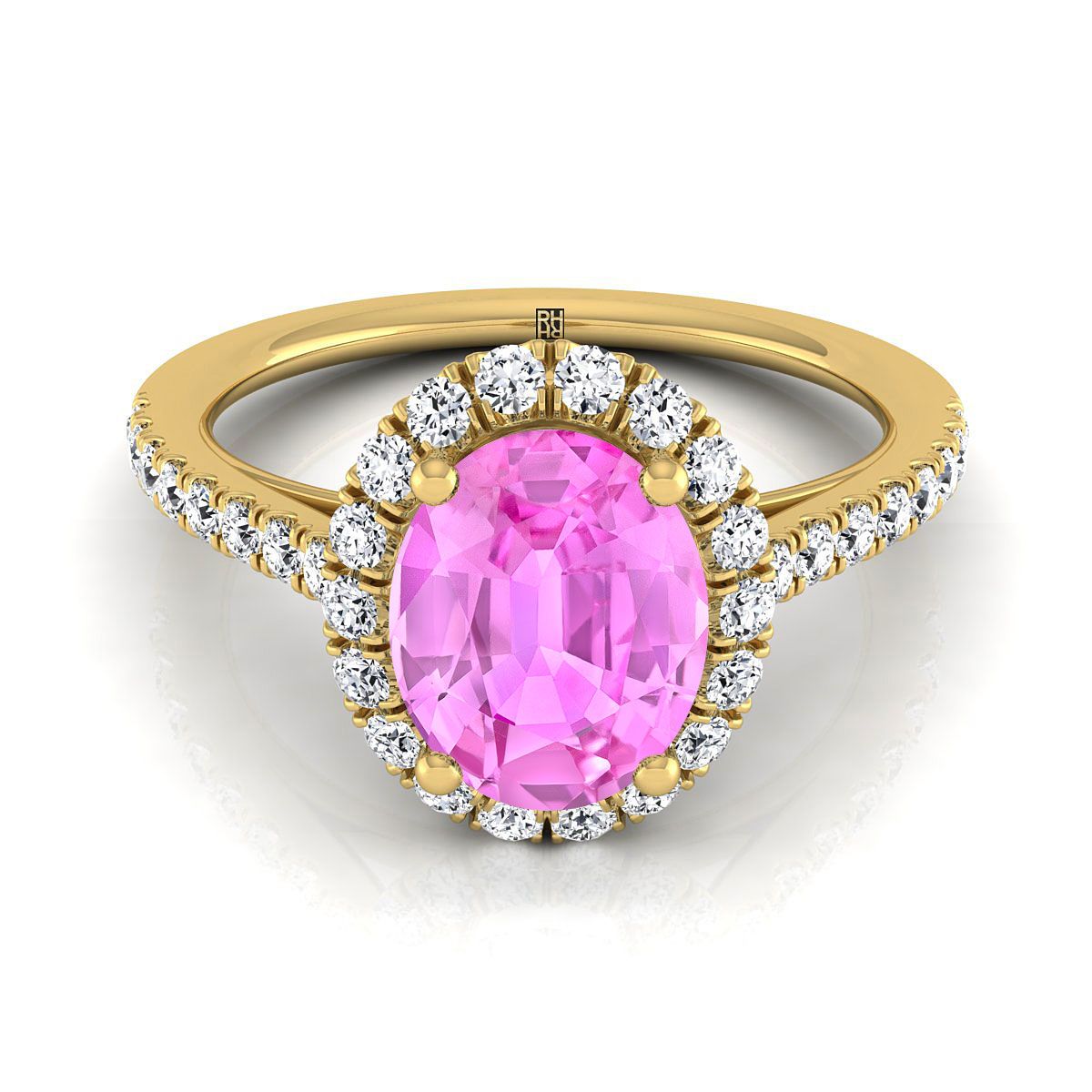 แหวนหมั้นเพชรฝรั่งเศสแบบพาเว่รูปวงรีประดับแซฟไฟร์สีชมพูขนาดเล็ก 14K ทองเหลือง