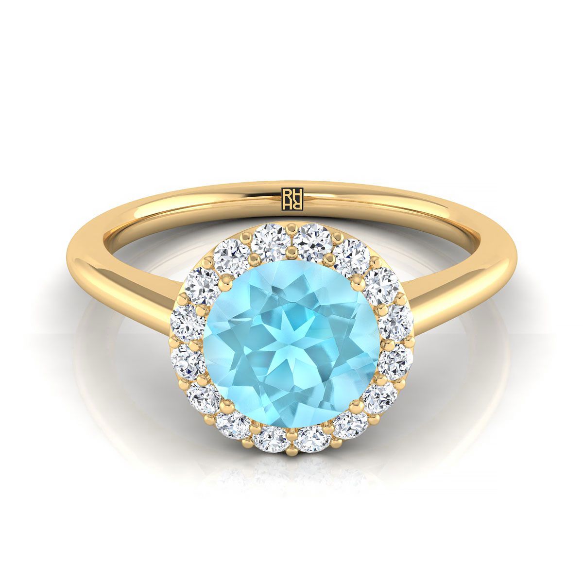 แหวนหมั้นทองคำเหลือง 14K ประดับอความารีนทรงกลมเจียระไนแบบ Brilliant พร้อมเพชรล้อมแบบ Shared Prong น้ำหนักรวม 1/5 กะรัต