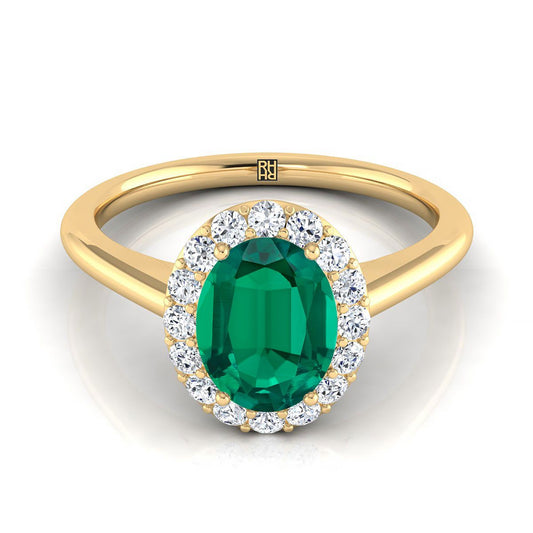14K Yellow Gold Oval Emerald Shared Prong Diamond Halo Engagement Ring -1/5ctw