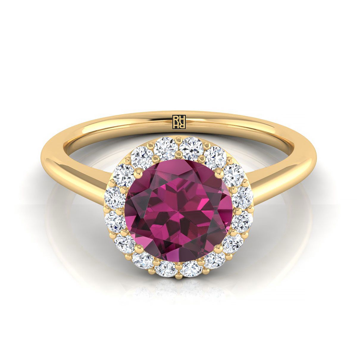 18K Yellow Gold Round Brilliant Garnet Shared Prong Diamond Halo Engagement Ring -1/5ctw