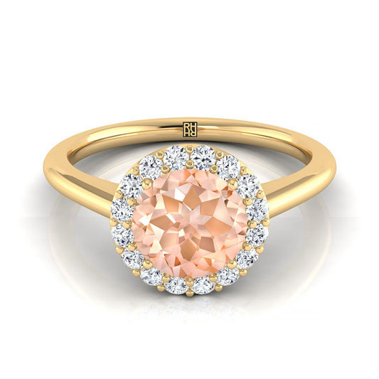 18K Yellow Gold Round Brilliant Morganite Shared Prong Diamond Halo Engagement Ring -1/5ctw