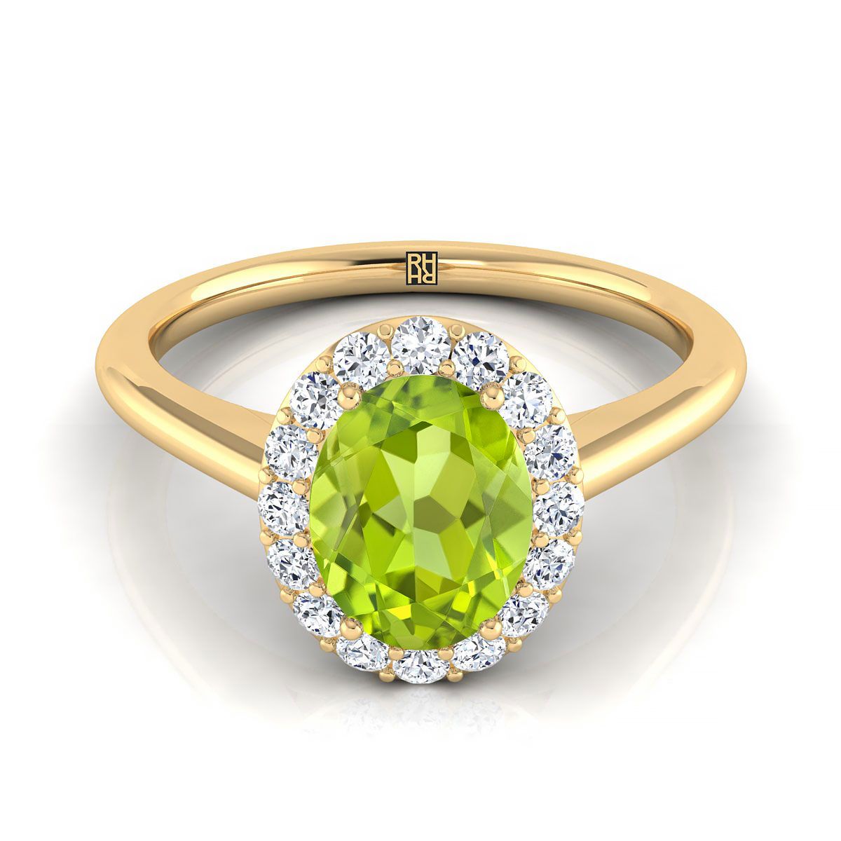 18K Yellow Gold Oval Peridot Shared Prong Diamond Halo Engagement Ring -1/5ctw