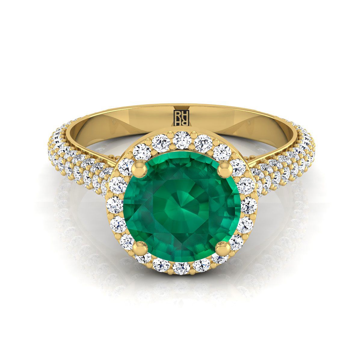 14K Yellow Gold Round Brilliant Emerald Micro-Pavé Halo With Pave Side Diamond Engagement Ring -7/8ctw