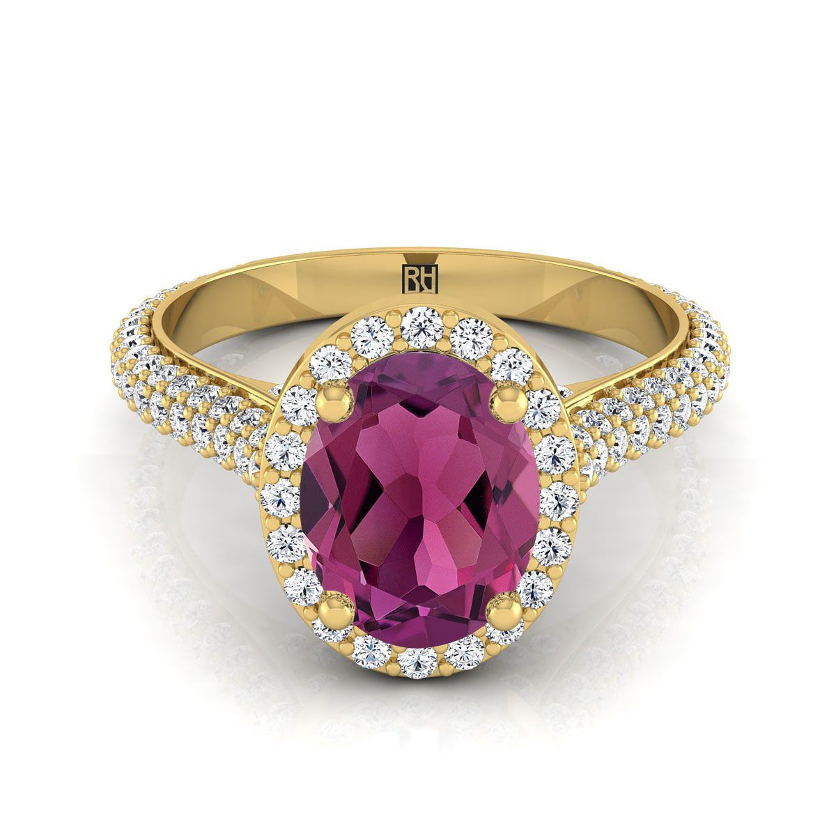 18K Yellow Gold Oval Garnet Micro-Pavé Halo With Pave Side Diamond Engagement Ring -7/8ctw