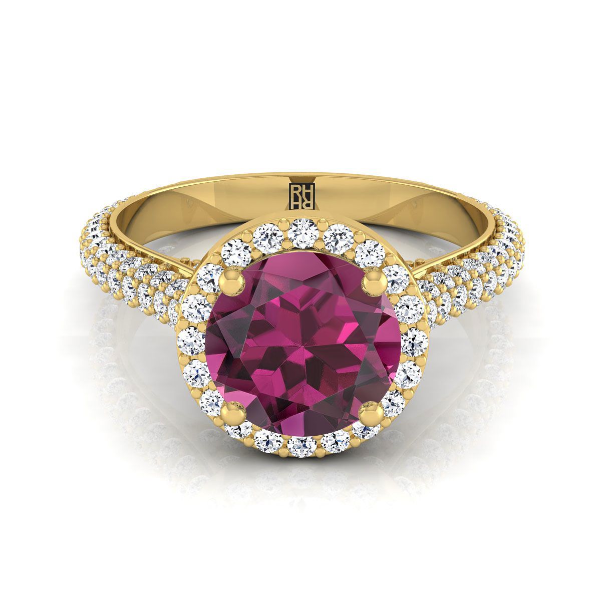 18K Yellow Gold Round Brilliant Garnet Micro-Pavé Halo With Pave Side Diamond Engagement Ring -7/8ctw