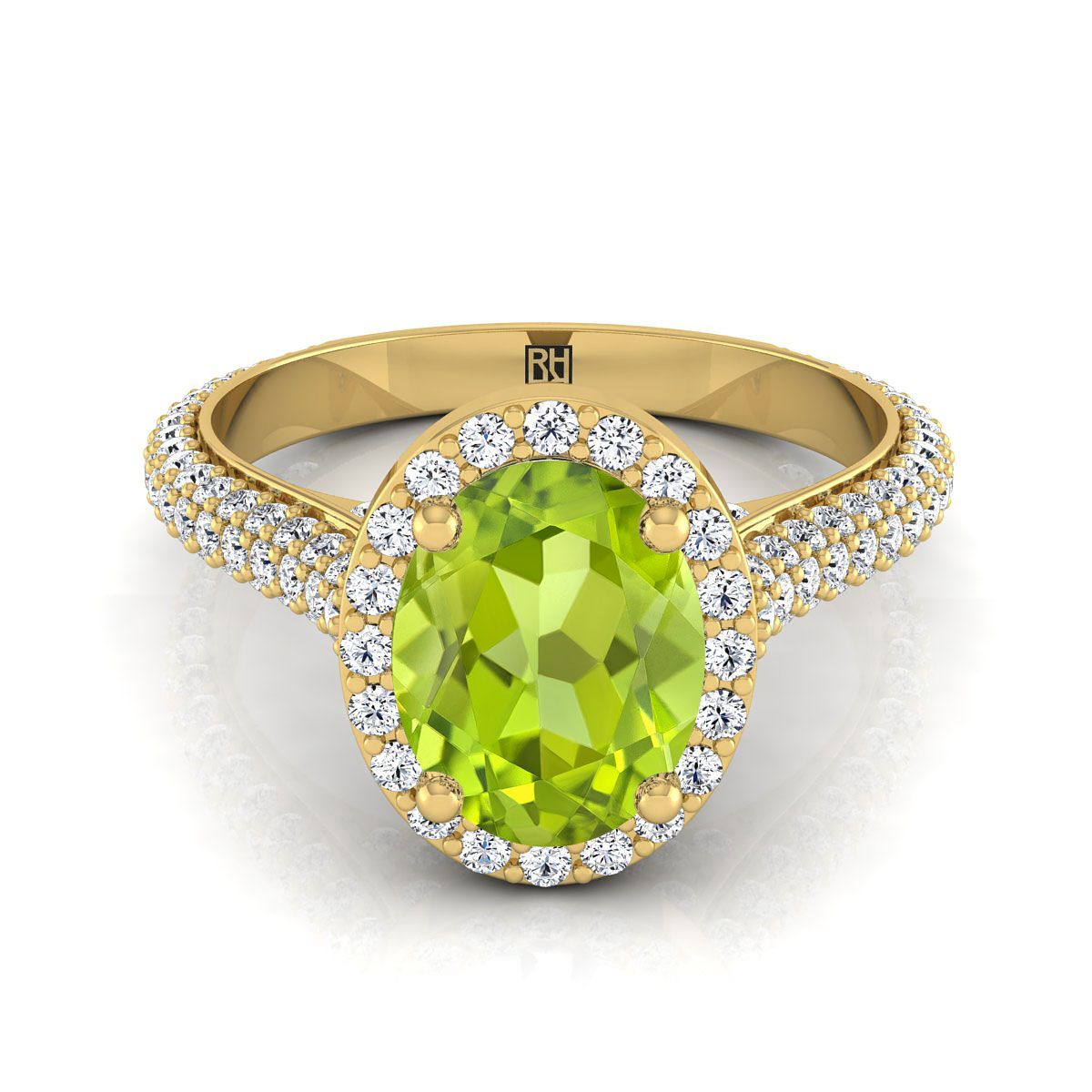 18K Yellow Gold Oval Peridot Micro-Pavé Halo With Pave Side Diamond Engagement Ring -7/8ctw