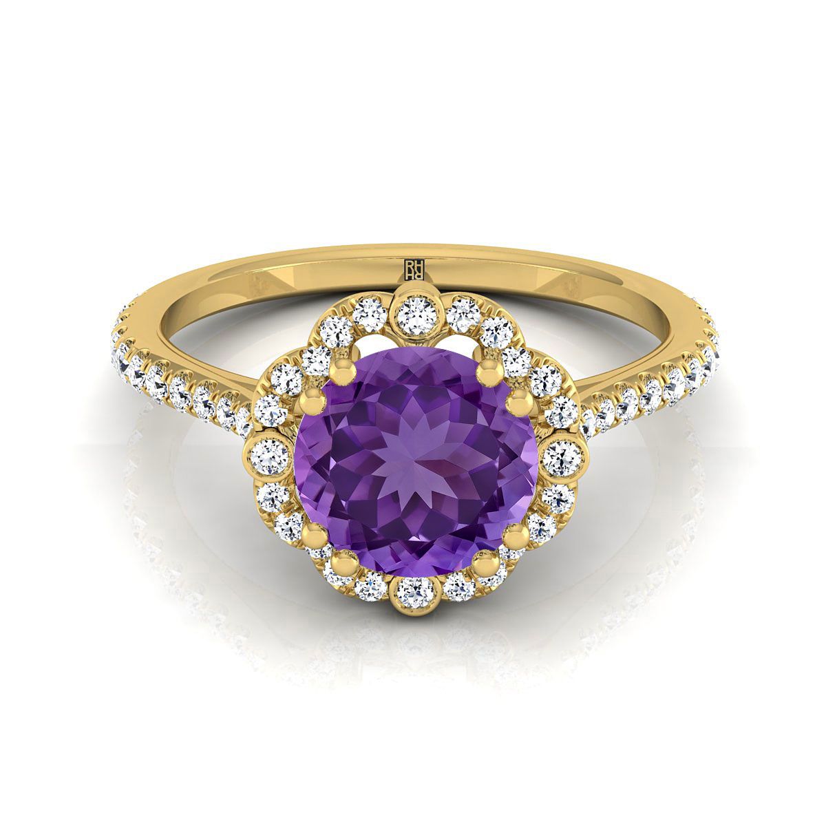 แหวนหมั้นแบบวินเทจประดับอเมทิสต์ทรงกลมเจียระไนแบบบริลเลียนต์สีเหลืองทอง 18K พร้อมฮาโลเพชรประดับอย่างประณีต - 1/4ctw