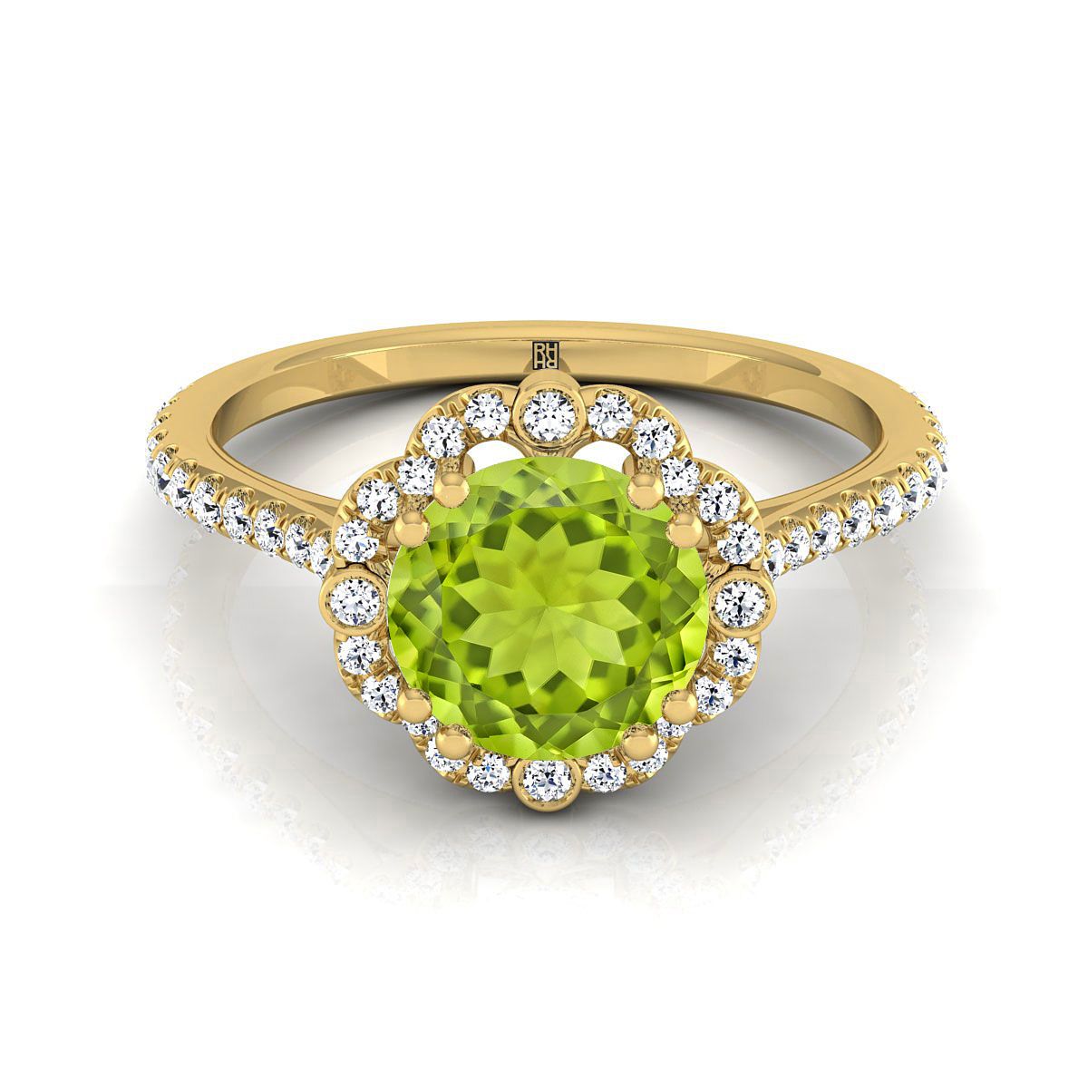 14K Yellow Gold Round Brilliant Peridot Ornate Diamond Halo Vintage Inspired Engagement Ring -1/4ctw
