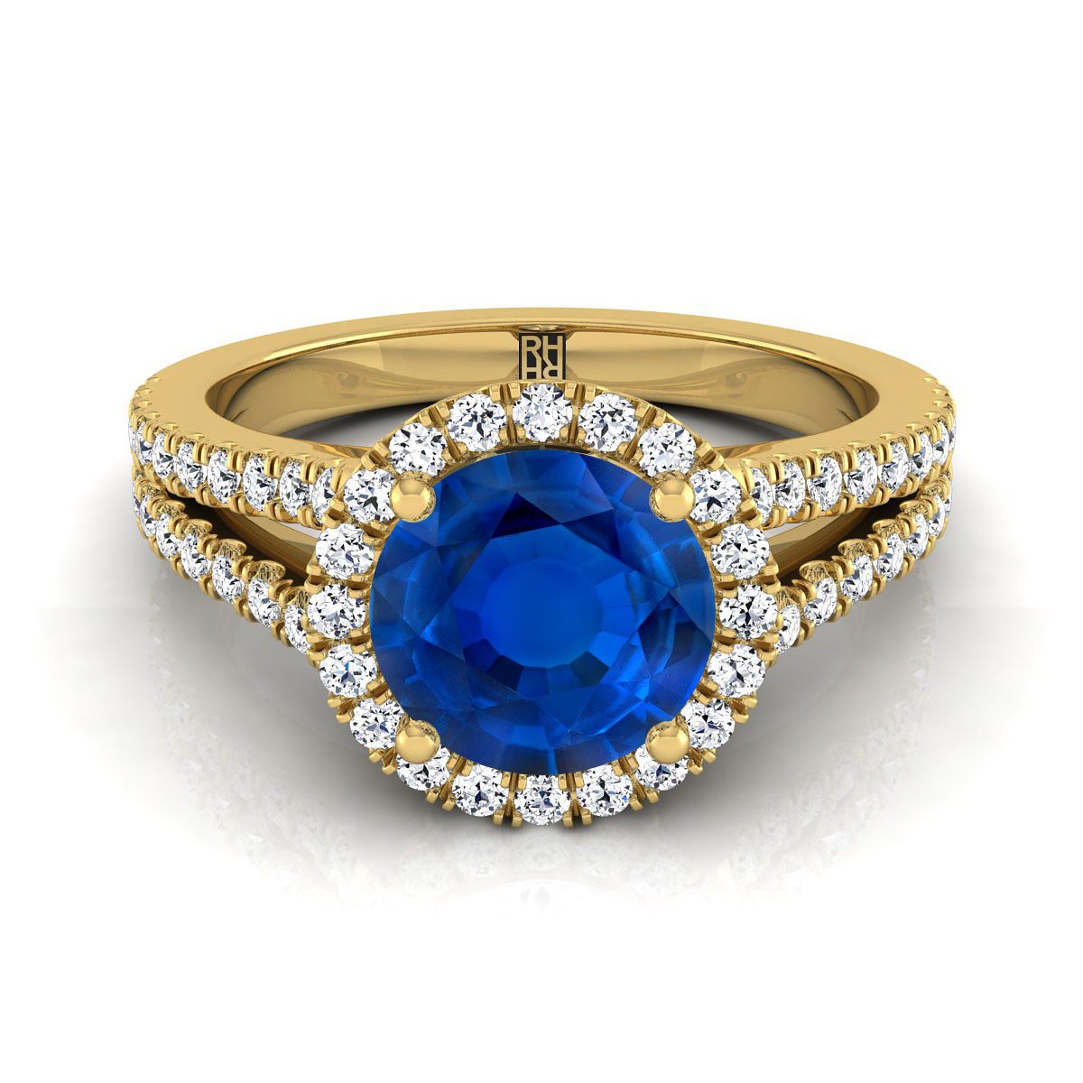 14K Yellow Gold Round Brilliant Sapphire Halo Center with French Pave Split Shank Engagement Ring -3/8ctw