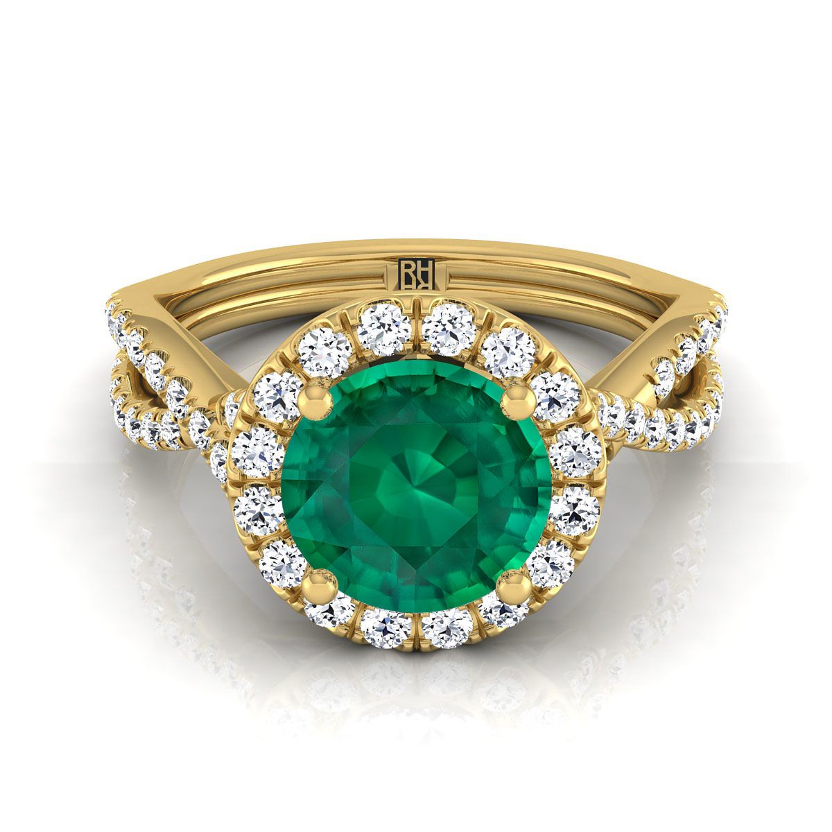 18K Yellow Gold Round Brilliant Emerald  Twisted Scalloped Pavé Diamonds Halo Engagement Ring -1/2ctw