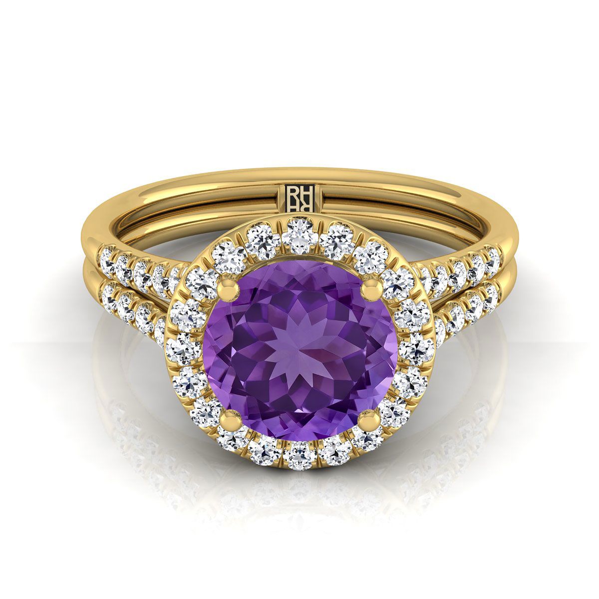 แหวนหมั้นทองคำเหลือง 18K ทรงกลมเจียระไนแบบบริลเลียนต์ ฝรั่งเศสประดับเพชรแบบปาเว่ แยกชิ้นแบบฮาโล - 3/8ctw