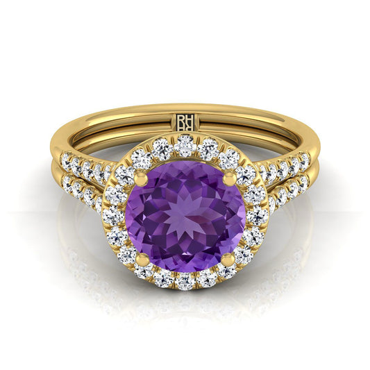 แหวนหมั้นทองคำเหลือง 18K ทรงกลมเจียระไนแบบบริลเลียนต์ ฝรั่งเศสประดับเพชรแบบปาเว่ แยกชิ้นแบบฮาโล - 3/8ctw