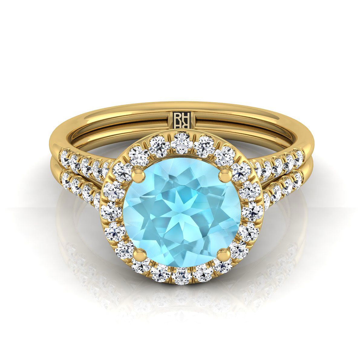 แหวนหมั้นทองคำเหลือง 14K ทรงกลมเจียระไนแบบบริลเลียนต์ ฝรั่งเศสประดับเพชรแบบปาเว่ แยกชิ้นแบบแหวนฮาโล - 3/8ctw