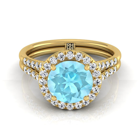 แหวนหมั้นทองคำเหลือง 14K ทรงกลมเจียระไนแบบบริลเลียนต์ ฝรั่งเศสประดับเพชรแบบปาเว่ แยกชิ้นแบบแหวนฮาโล - 3/8ctw