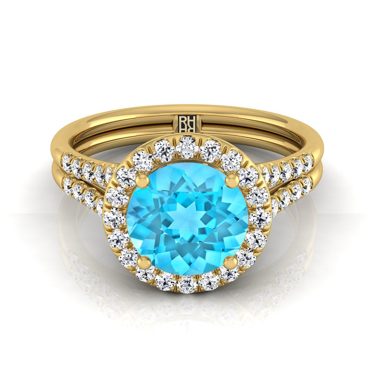 แหวนหมั้นทองคำเหลือง 18K ทรงกลมเจียระไนแบบบริลเลียนต์ ฝรั่งเศสประดับเพชรแบบปาเว่ แยกชิ้นแบบฮาโล - 3/8ctw