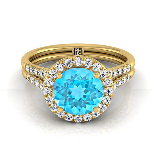 แหวนหมั้นทองคำเหลือง 18K ทรงกลมเจียระไนแบบบริลเลียนต์ ฝรั่งเศสประดับเพชรแบบปาเว่ แยกชิ้นแบบฮาโล - 3/8ctw