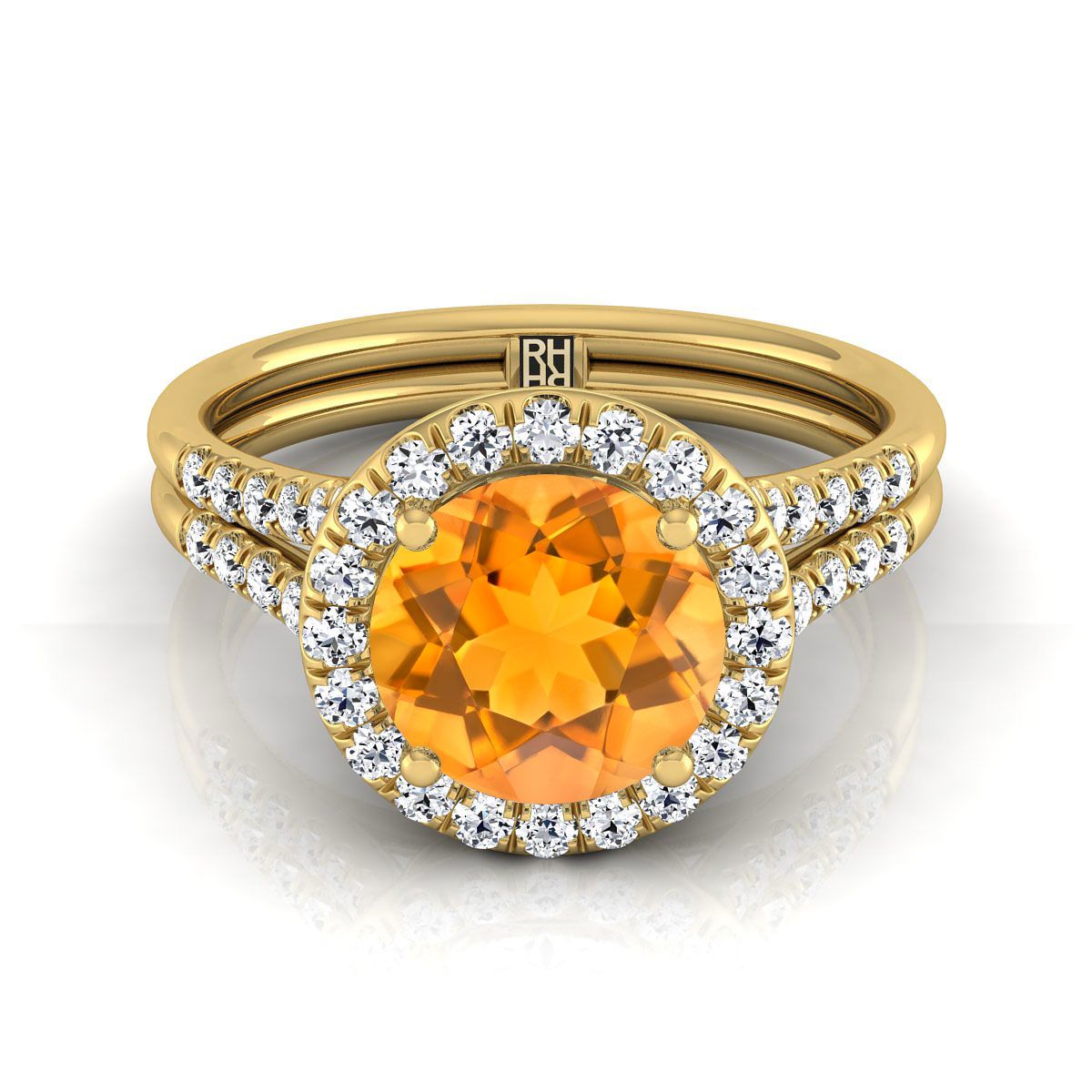 แหวนหมั้นทองคำเหลือง 14K ทรงกลมเจียระไนแบบบริลเลียนต์ ฝรั่งเศสประดับเพชรแบบปาเว่ แยกชิ้นแบบแหวนฮาโล - 3/8ctw