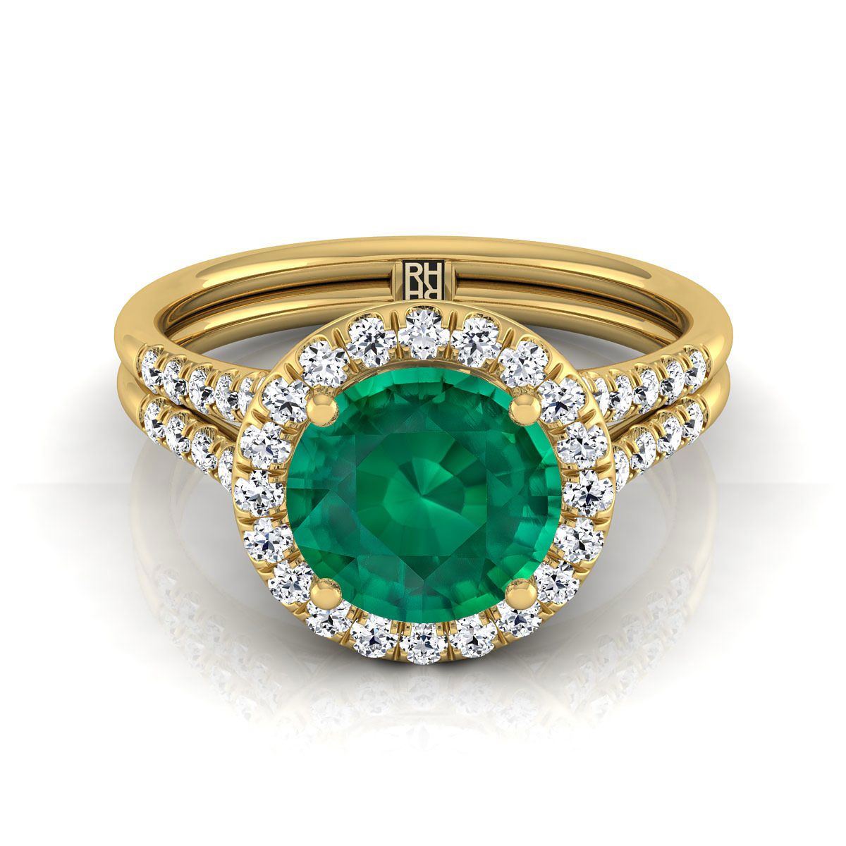 แหวนหมั้นทองคำเหลือง 18K ทรงกลมเจียระไนแบบบริลเลียนต์ ฝรั่งเศสประดับเพชรแบบปาเว่ แยกชิ้นแบบฮาโล - 3/8ctw