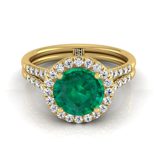 แหวนหมั้นทองคำเหลือง 18K ทรงกลมเจียระไนแบบบริลเลียนต์ ฝรั่งเศสประดับเพชรแบบปาเว่ แยกชิ้นแบบฮาโล - 3/8ctw