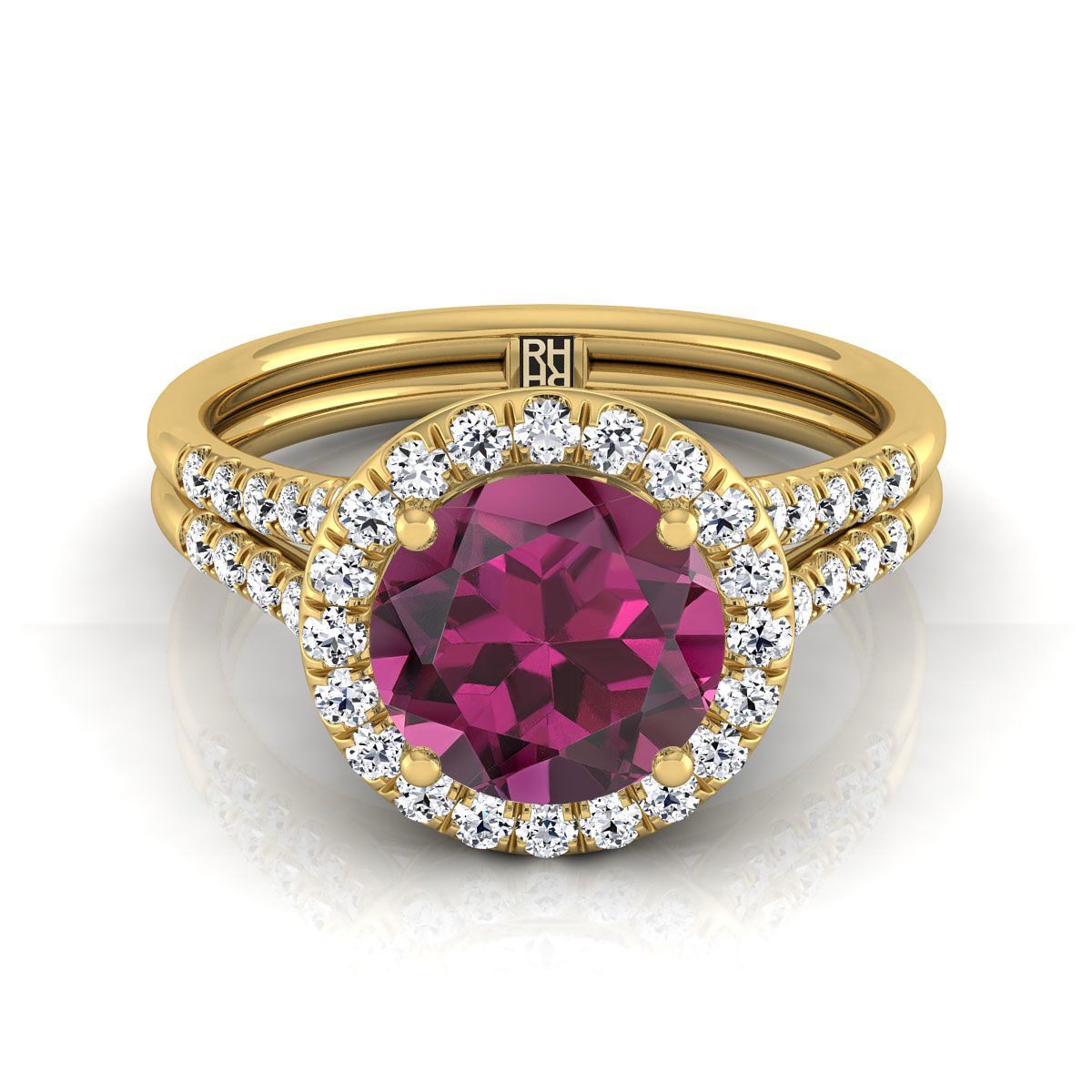 แหวนหมั้นทองคำเหลือง 14K ทรงกลมเจียระไนแบบบริลเลียนต์ ฝรั่งเศสประดับเพชรแบบปาเว่ แยกชิ้นแบบแหวนฮาโล - 3/8ctw