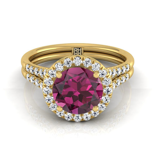 แหวนหมั้นทองคำเหลือง 18K ทรงกลมเจียระไนแบบบริลเลียนต์ ฝรั่งเศสประดับเพชรแบบปาเว่ แยกชิ้นแบบฮาโล - 3/8ctw