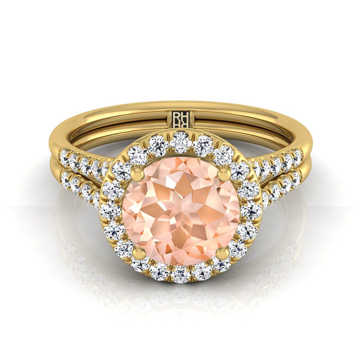 แหวนหมั้นทองคำเหลือง 14K ทรงกลมเจียระไนแบบบริลเลียนต์ ฝรั่งเศสประดับเพชรแบบปาเว่ แยกชิ้นแบบแหวนฮาโล - 3/8ctw